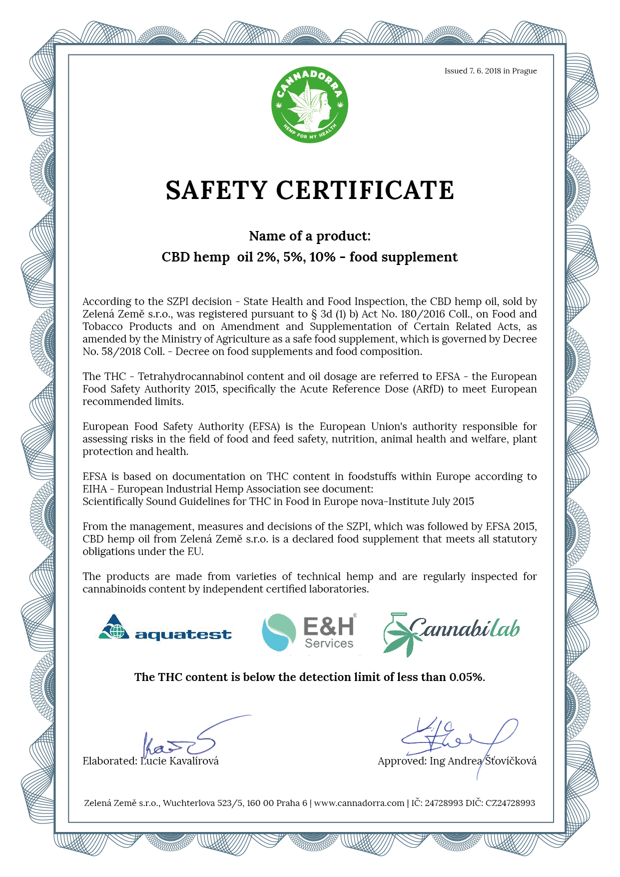 bezpečnostní dokument k CBD oleji ENG certifikat 01